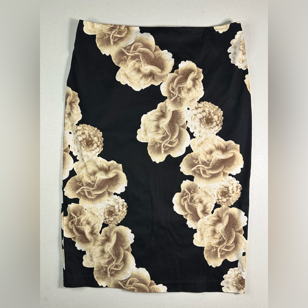 New York & Company 7th Avenue Floral Pencil Skirt Black Tan Size 10